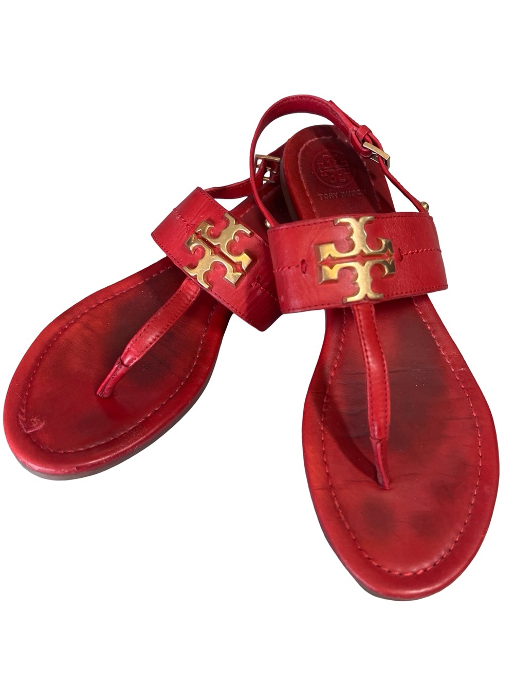 Tory Burch Women’s Sz 7.5 Red Leather Everly Sandals T-Strap Gold Logo